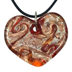Vtg Murano Style Art Glass Heart Pendant Necklace Black Cord 22" Copper Silver